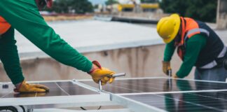 selective focus of installing on solar panels
