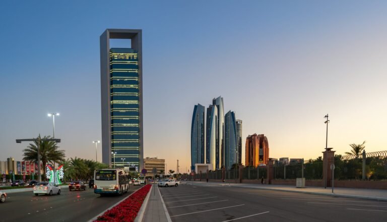 city of abu dhabi at sunset