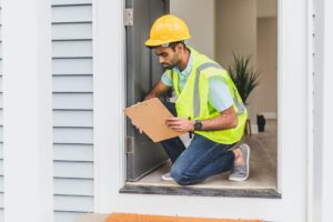 man in yellow safety reflective vest with hard hat doing house inspection