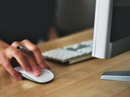 person holding apple magic mouse