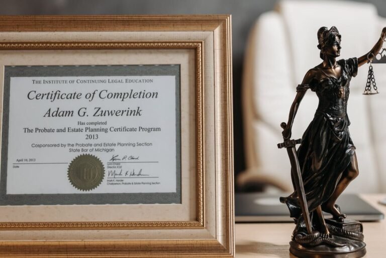 a certificate and lady justice figurine on table