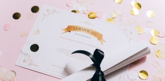 rolled white paper and a certificate on a pink surface