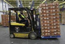 A forklift operator shuttles a pallet