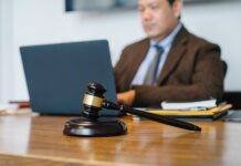 crop asian judge working on laptop in office