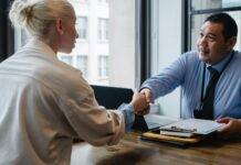 ethnic businessman shaking hand of applicant in office