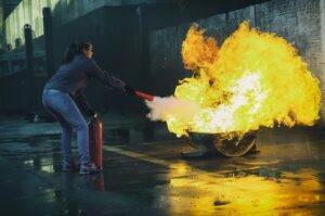 woman using fire extinguisher to eliminate fire