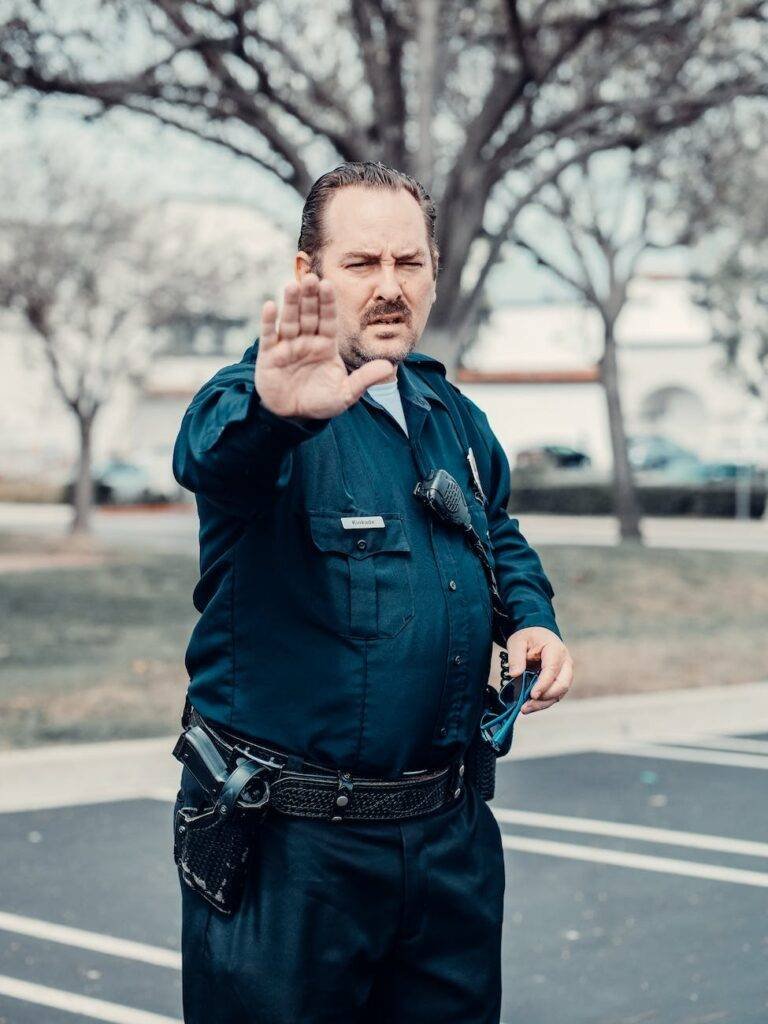 man in blue police uniform standing on road