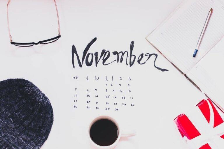 top view of a cup of coffee and and variour other items n top of the november month calender