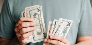 crop man counting dollar banknotes