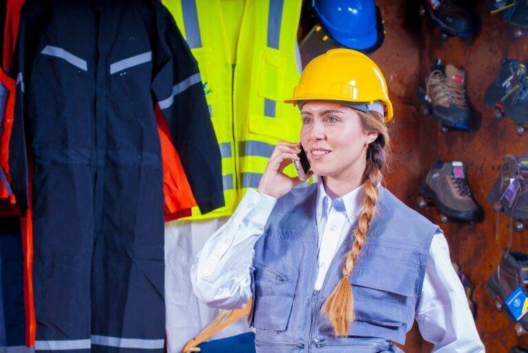 woman in gray vest with yellow hard hat inside room