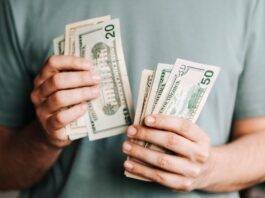 crop man counting dollar banknotes