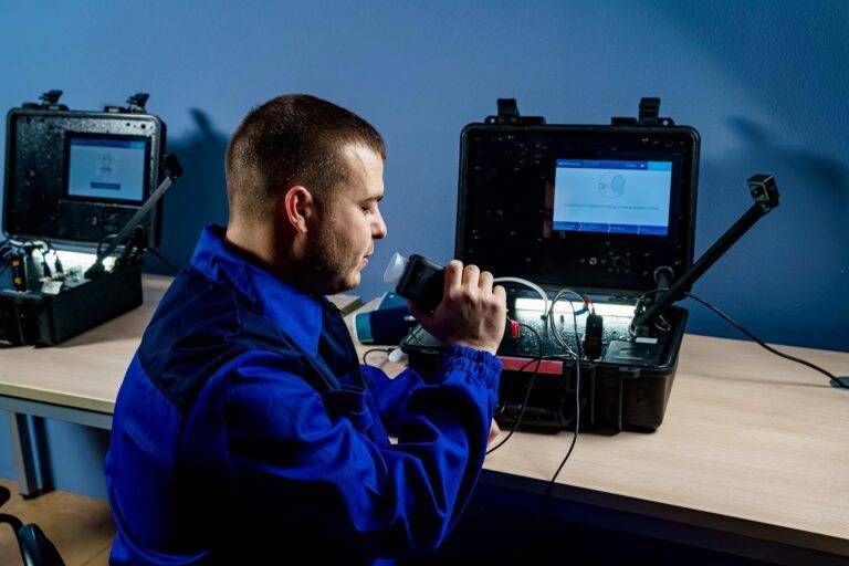 man blowing air into the device
