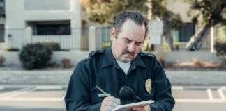 a bearded police man writing on paper