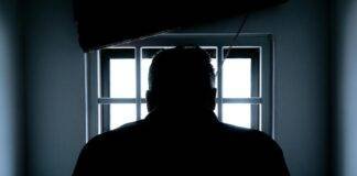 rear view of a silhouette man in window
