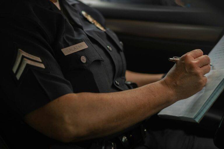 person wearing police uniform writing on a notebook