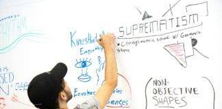 a man wearing n black cap writing on whiteboard