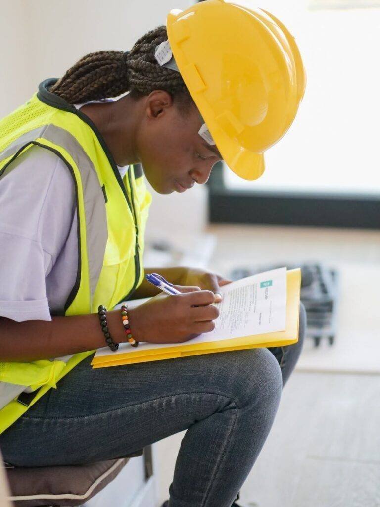 woman engineer writing down on paper
